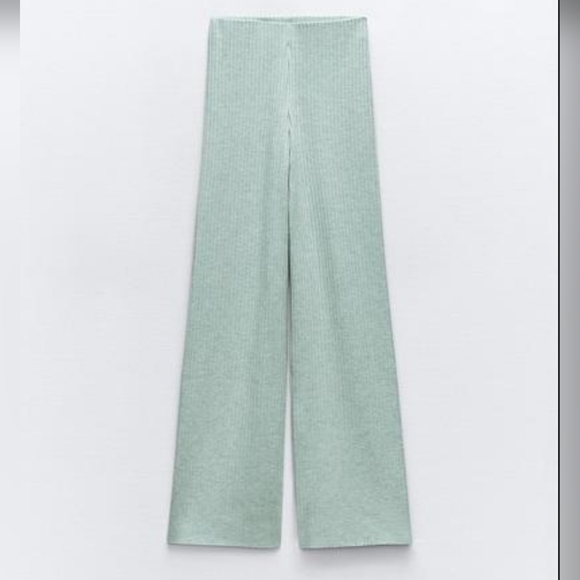ZARA FLOWY WIDE LEG RIBBED PANTS | Green Marl | LARGE - Picture 1 of 4